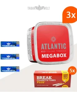 Atlantic Red Premium Volumentabak 3x Mega Box mit 1000 Plus Hülsen und Feuerzeugen