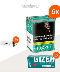 Elixyr Feinschnitttabak Menthol Plus 6x Dose mit 1000 Gizeh Menthol Extra Hülsen