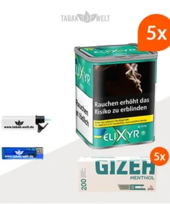 Elixyr Feinschnitttabak Menthol Plus 5x Dose mit 1000 Gizeh Menthol Hülsen