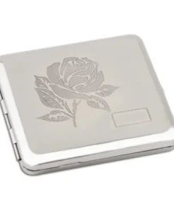 Zigaretten-Etui Nickel-Poliert mit Rosen-Emblem und Gravurfeld, 18er