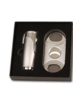 Sky Zigarrenfeuerzeug Jet 3-fach, chrom satiniert mit Cutter im Geschenkset