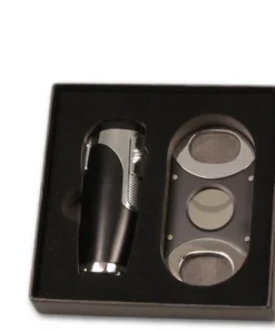 Sky Zigarrenfeuerzeug Jet 3-fach, schwarz-chrom mit Cutter im Geschenkset