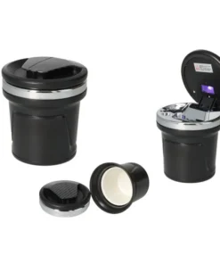 Autoaschenbecher „Schwarz/Silber“ Carbonoptik mit LED + Gluttöter, Ø 7,5 / 8 cm H.10cm