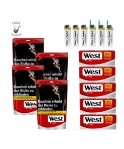 4 x West Red Tabak 100g Beutel + 1000 West Red Filterhülsen + 6 Feuerzeuge
