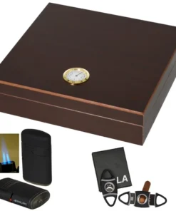 Humidor – Geschenkset Roosewood-Finish Außenhygrometer Polymerbefeuchter, Cutter, Feuerzeug