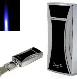 Zigarrenfeuerzeug Caseti Paris schwarz-chrom inklusive Zigarrencutter