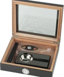 Humidor-Set Carbon-Design Glasdeckel für ca. 15 Cigarren