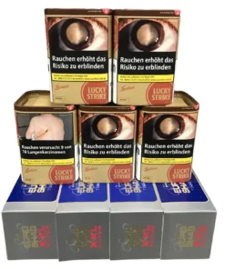 5x Dosen Lucky Strike Origins USA Red 61g + 1000 Euro Shag XXL Zigarettenhülsen