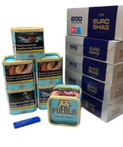 6x Pueblo Blue Tabak 100g Dosen + 1000 Euro Shag Hülsen + Feuerzeug