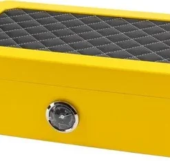 Humidor gelb Pianolack mit schwarzem Leder und weißer Steppung