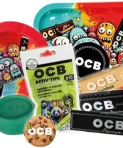 OCB Recreational Starter Set – Premium Black Slim Papers, Activ‘Tips 6 mm, Bamboo + Tips, Drehtray mit Deckel, Grinder, Aufbewahrungsglas & Metallaschenbecher, inkl. OCB Anstecker