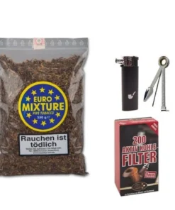 EURO MIXTURE Pipe Tobacco 250g + 200 Aktivkohlefilter + Pfeifenbesteck + Pfeifenfeuerzeug