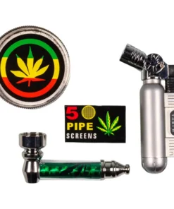 Pfeife Metall Set mit Sieb/Jet Feuerzeug/Grinder Hanf-Design