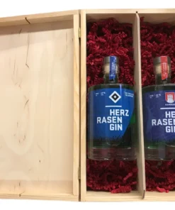 Premium Kombi-Geschenkset – „HSV“ Herz Rasen Gin 42% Vol. + „Hamburg“ Herz Rasen Gin 42% Vol. in hochwertiger Holzbox
