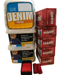 3x DENIM Volumentabak Big Box 160g + 1000 Mark1 Hülsen + Etui inkl. 2x Feuerzeuge