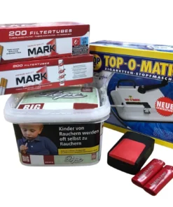PEPE Bright Green 170g Eimer + 400 Mark1 Hülsen + TopOMatic Stopfmaschine + Etui inkl. 2 Feuerzeuge
