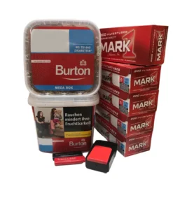 2x BURTON Volumen RED 250g Eimer + 1000 Mark1 Hülsen + Etui inkl. 2 Feuerzeuge