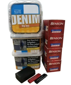 3x DENIM Volumentabak Big Box 160g + 1000 Benson&Hedges + Etui inkl. 2 Feuerzeuge