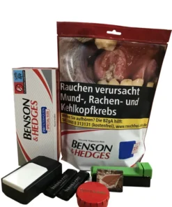 BENSON & HEDGES Volumen Red 125g Beutel + 250 Benson&Hedges Hülsen + Etui inkl. 2 Feuerzeuge + Aschenbecher + Atomic Stopfer + Tabakbefeuchterstein (BRAUN)