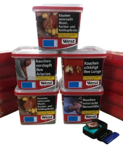 5x WEST red Eimer + 2000 Marschall Hülsen + Etui inkl. 2 Feuerzeuge + Tabakbefeuchterstein (BRAUN)