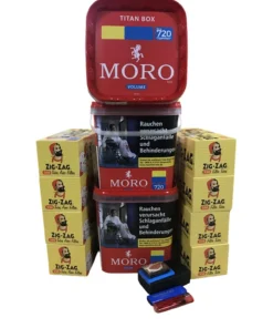 3x MORO Volumen Titan Box 325g + 2000 Zig-Zag Hülsen + Etui inkl. 2 Feuerzeuge + Tabakbefeuchterstein (BRAUN)