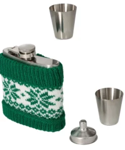 Taschenflasche/Flachmann Set ANGELO Stoff grün 2 Bechern/Trichter