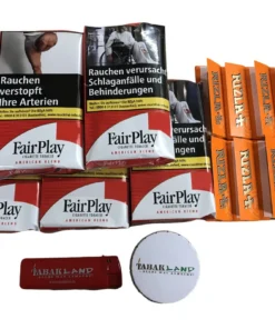 5x Pouch FAIR PLAY American Blend (ROT) + 10 Heftchen Rizla Orange + Feuerzeug + Tabakascher