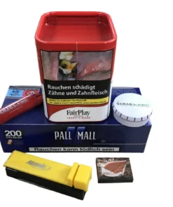 FAIR PLAY Dose + 200 Pall Mall Blau Hülsen + Feuerzeug + Tabakascher+ Atomic Stopfer + Tabakbefeuchterstein (BRAUN)