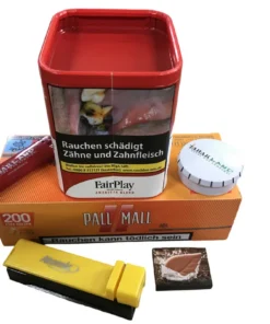FAIR PLAY Dose + 200 Pall Mall Allround Hülsen + Feuerzeug + Tabakascher+ Atomic Stopfer + Tabakbefeuchterstein (BRAUN)