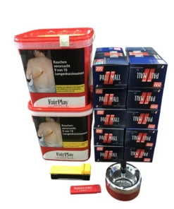 2 Eimer FAIR PLAY Maxi Box 315g + 2000 Pall Mall ROT Hülsen + Feuerzeug + Atomic Stopfer + Schleuderascher