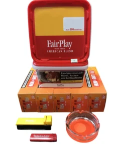 2 Eimer FAIR PLAY Giga Box 235g + 1000 Pall Mall ALLROUND Hülsen + Feuerzeug + Atomic Stopfer + Glasascher