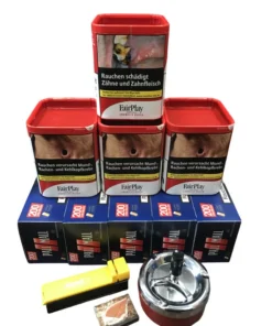 4 Dosen FAIR PLAY 38g + 1000 Pall Mall ROT Hülsen + Atomic Stopfer + Tabakbefeuchterstein (BRAUN) + Schleuderascher