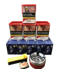 4 Dosen FAIR PLAY 38g + 1000 Pall Mall BLAU Hülsen + Atomic Stopfer + Tabakbefeuchterstein (BRAUN) + Schleuderascher