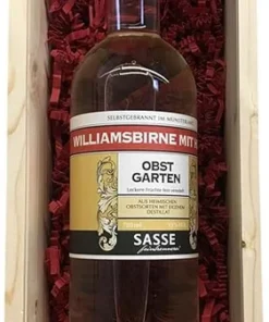 Sasse Williamsbirne mit Honig Naturlikör 700ml 35% vol – Edler Birnenlikör in stilvoller Holzbox – Original aus der Feinbrennerei Sasse –