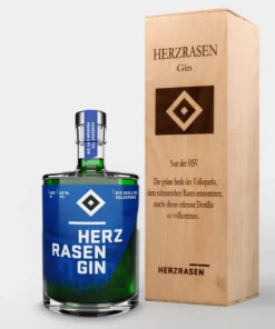 HSV Geschenkbox Gin Holzbox Holzkiste mit 0,5 l HSV GIN mit Original Hamburger Volksparkstadion Rasen, Hamburg