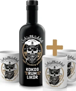 Schietbüddel Kokos Rum Likör 0.7 l + Becher mit Aufdruck weiß (0.7l + 3 Becher)
