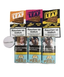 3 Pouches PUEBLO Blau+ Al Capone Leaf Mix+ Tabakascher