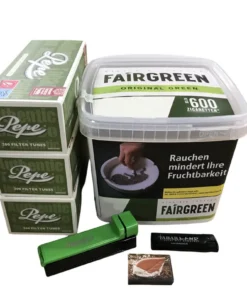 Fairgreen Volumen Tabak 270g + 600 Pepe Hülsen + Atomic Stopfer + Feuerzeug + Tabakbefeuchterstein (BRAUN)