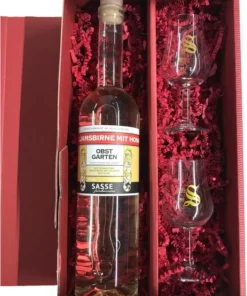 Sasse Williamsbirne mit Honig Naturlikör 35% 0,7 Ltr. Birnenlikör + 2 hochwertige Signatory-Gläser mit 2 und 4 cl Eichstrich im Geschenkset
