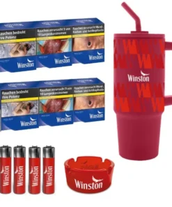 2 Stangen Winston Blau + 4x Clipper + 1x Trinkbecher + 1x Glasaschenbecher