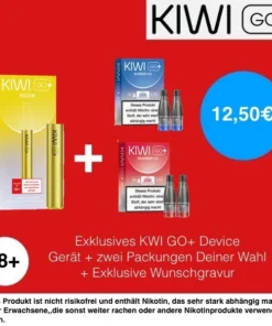 1+2 | Kiwi GO+ Device Yellow + 2 Packs Kiwi Go+ Pods 20mg(2er-Pack)