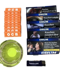 5x Drum Original 50g + 10 Heftchen OCB orange(50 Blatt) + Glasascher + Feuerzeug