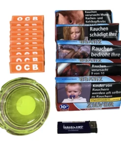 5x Zilver van DRUM Zwaar 50g + 10 Heftchen OCB orange(50 Blatt) + Glasascher + Feuerzeug
